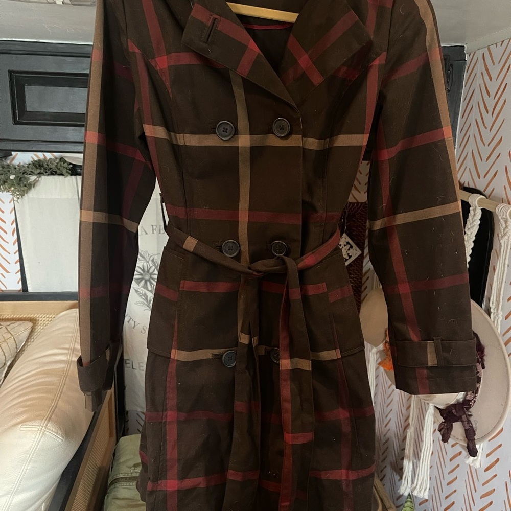 Merona Brown and Red Plaid Trench Coat